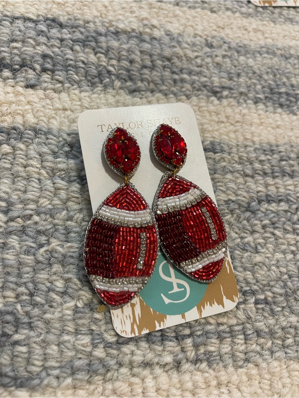 Taylor Shaye Red and White Football Beaded Earrings